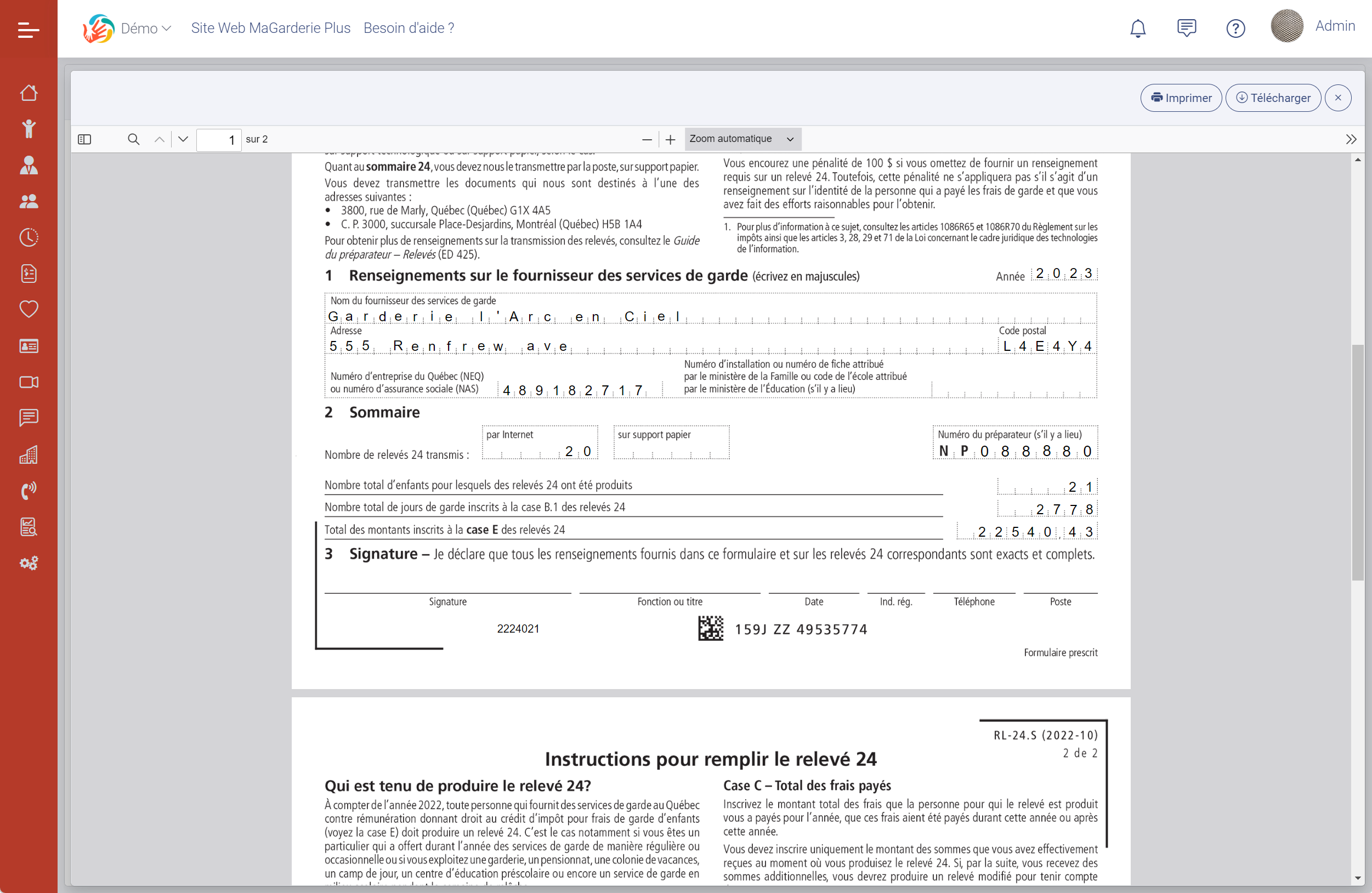 MaGarderie Plus relevé 24